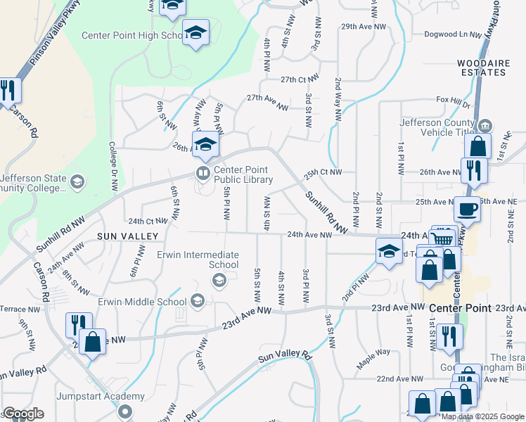 map of restaurants, bars, coffee shops, grocery stores, and more near 2412 4th Street Northwest in Center Point