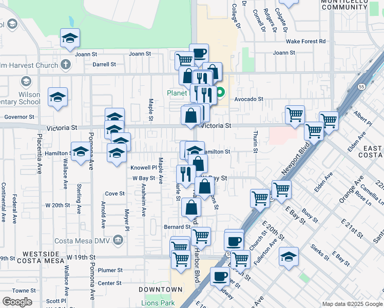 map of restaurants, bars, coffee shops, grocery stores, and more near 2096 Caleigh Lane in Costa Mesa