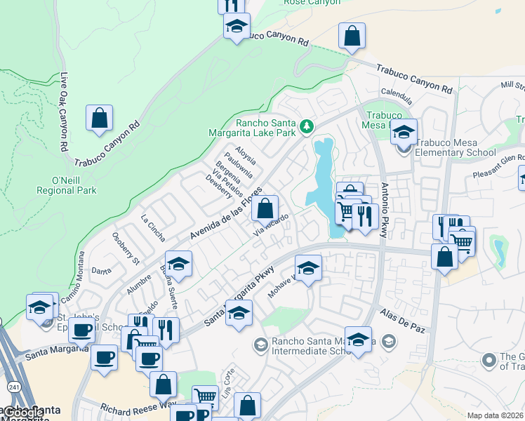 map of restaurants, bars, coffee shops, grocery stores, and more near 19 Redbud in Rancho Santa Margarita