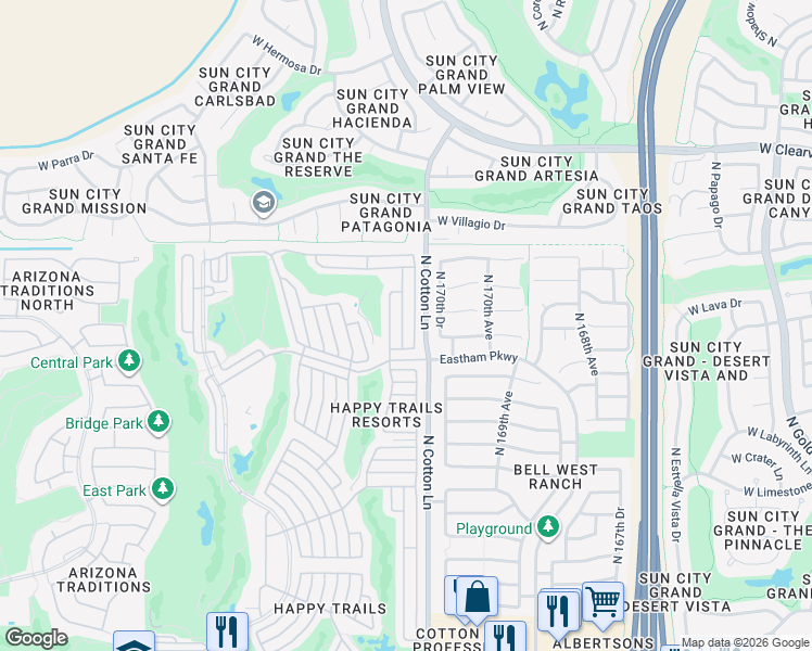 map of restaurants, bars, coffee shops, grocery stores, and more near 18201-18399 North Pat Brady in Surprise