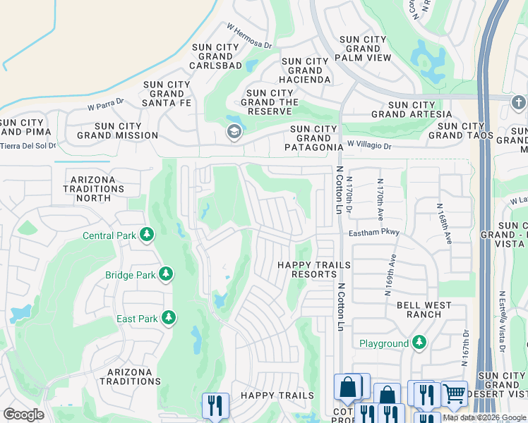 map of restaurants, bars, coffee shops, grocery stores, and more near 18356 North Mule Skinner in Surprise