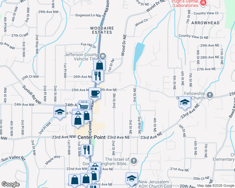 map of restaurants, bars, coffee shops, grocery stores, and more near 2421 2nd Street Northeast in Center Point