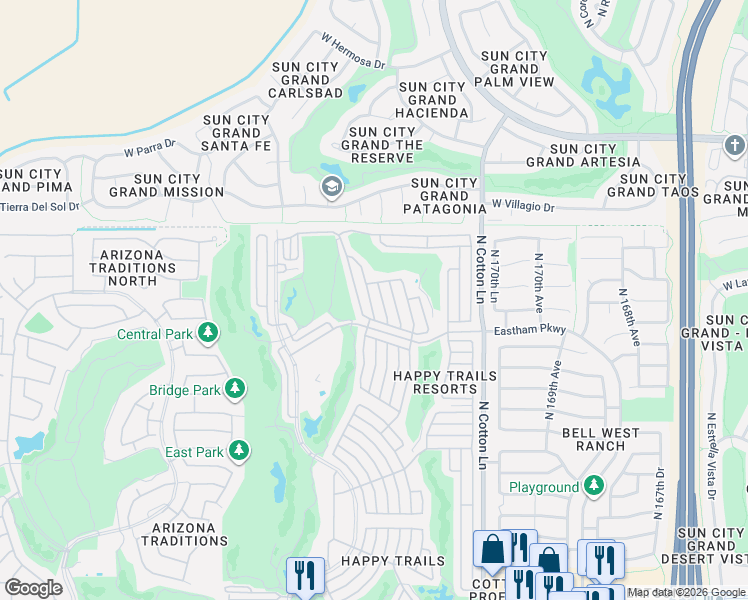 map of restaurants, bars, coffee shops, grocery stores, and more near 17200 West Bell Road in Surprise