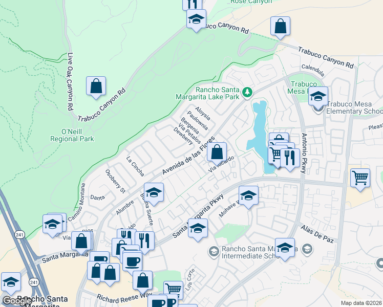 map of restaurants, bars, coffee shops, grocery stores, and more near 20 Crucillo in Rancho Santa Margarita