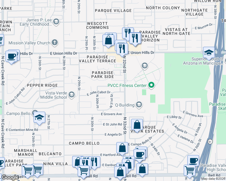 map of restaurants, bars, coffee shops, grocery stores, and more near 3103 East Villa Rita Drive in Phoenix