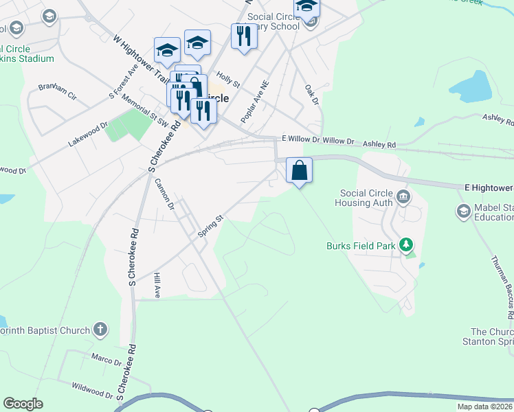 map of restaurants, bars, coffee shops, grocery stores, and more near 252 Spring Street in Social Circle