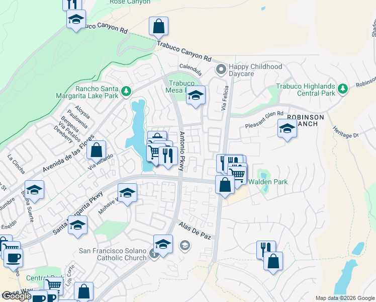 map of restaurants, bars, coffee shops, grocery stores, and more near 4 Daffodil in Rancho Santa Margarita