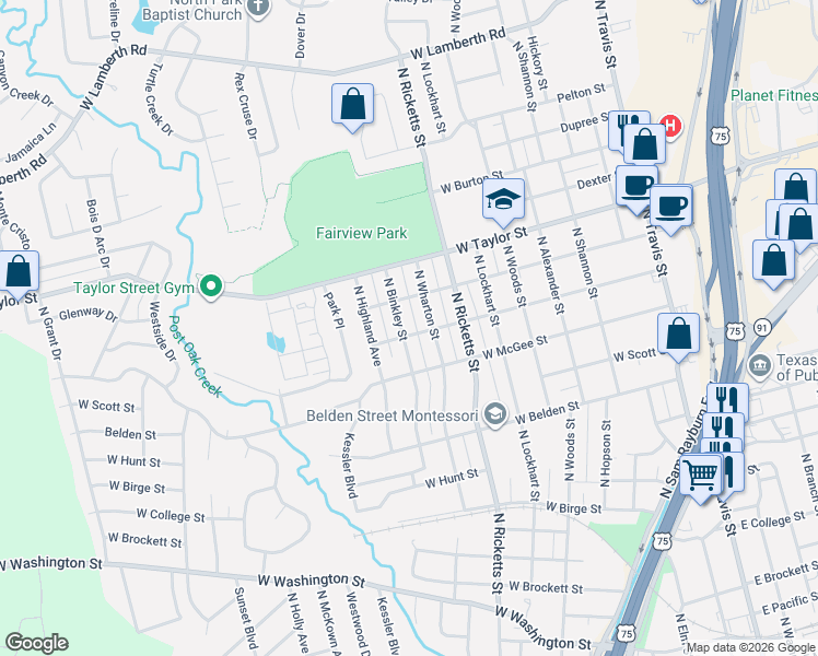 map of restaurants, bars, coffee shops, grocery stores, and more near 1709 North Binkley Street in Sherman