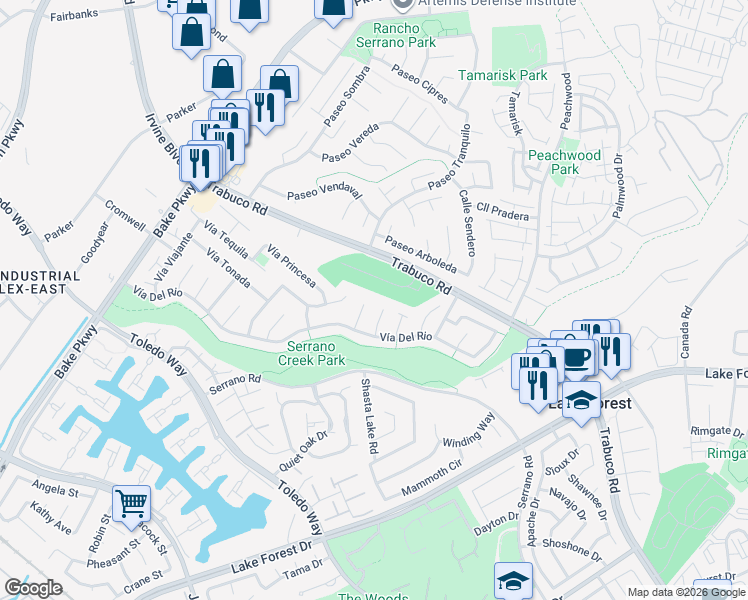 map of restaurants, bars, coffee shops, grocery stores, and more near 21496 Camino Papal in Lake Forest