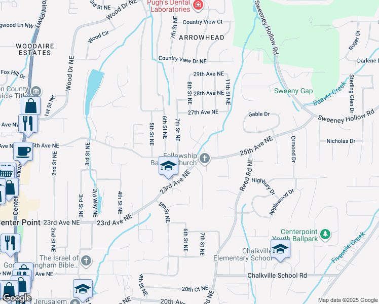 map of restaurants, bars, coffee shops, grocery stores, and more near 4500 Cantebury Lane in Center Point