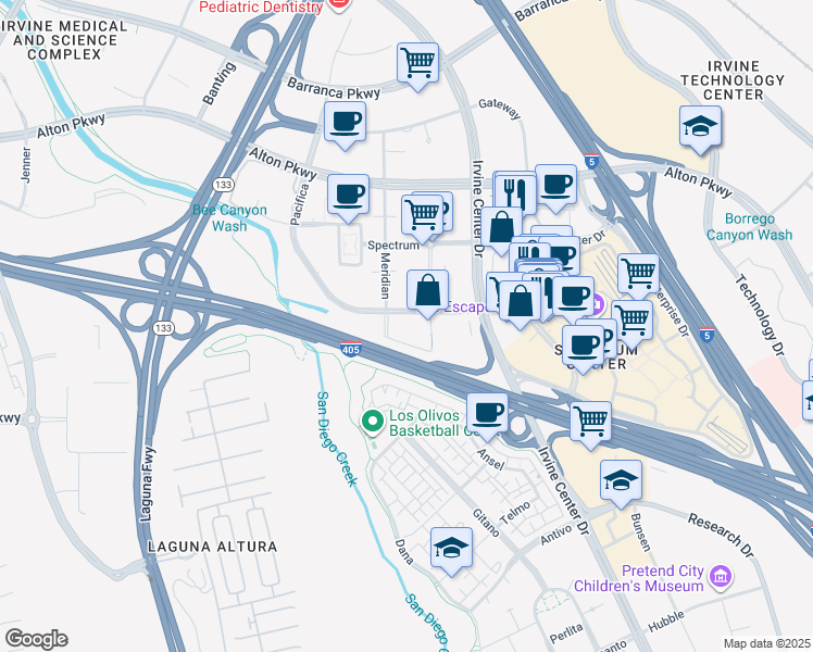 map of restaurants, bars, coffee shops, grocery stores, and more near 40 Pacifica in Irvine