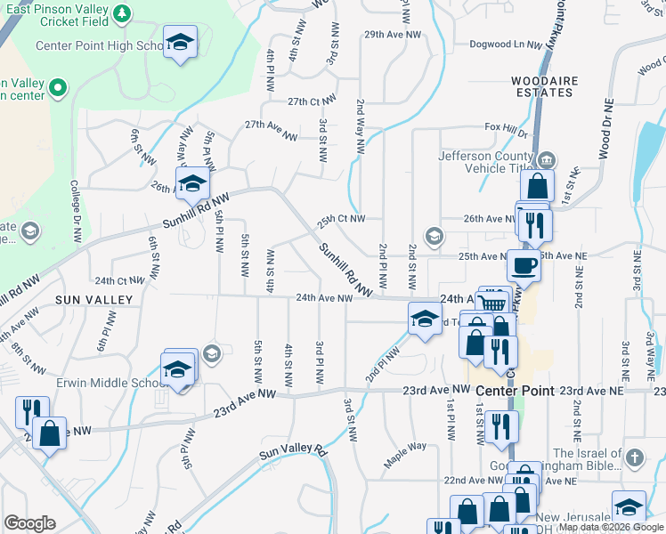 map of restaurants, bars, coffee shops, grocery stores, and more near 317 Sunhill Road Northwest in Center Point