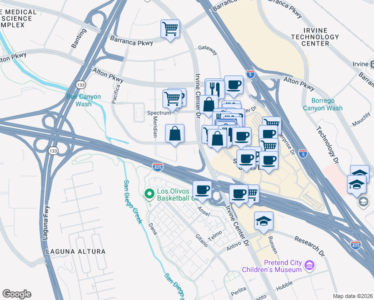 map of restaurants, bars, coffee shops, grocery stores, and more near 20 Pacifica in Irvine