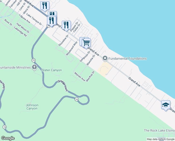 map of restaurants, bars, coffee shops, grocery stores, and more near 33202 Blanche Drive in Lake Elsinore