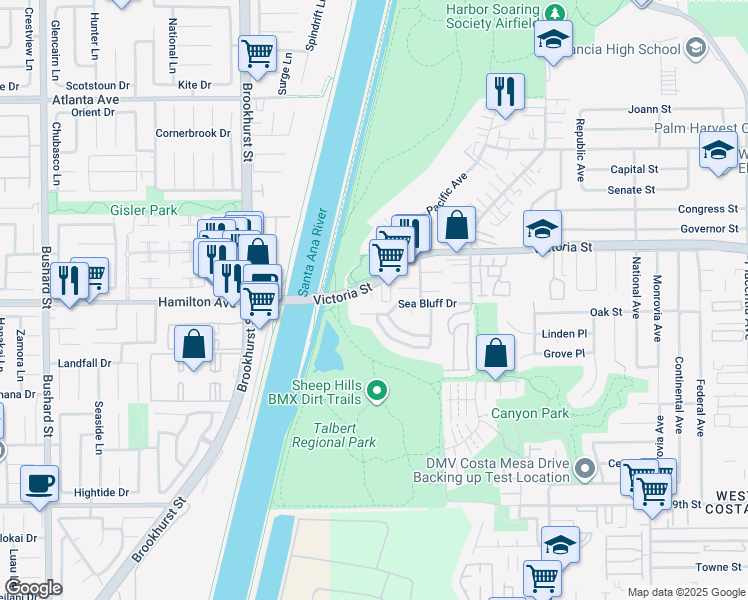 map of restaurants, bars, coffee shops, grocery stores, and more near 1269 Westreef in Costa Mesa