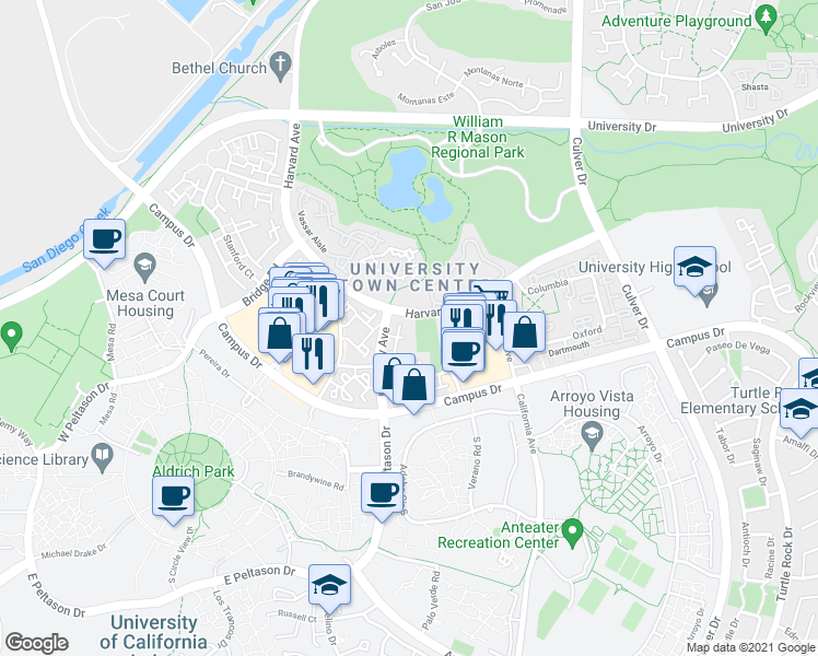 map of restaurants, bars, coffee shops, grocery stores, and more near 182 Berkeley Avenue in Irvine