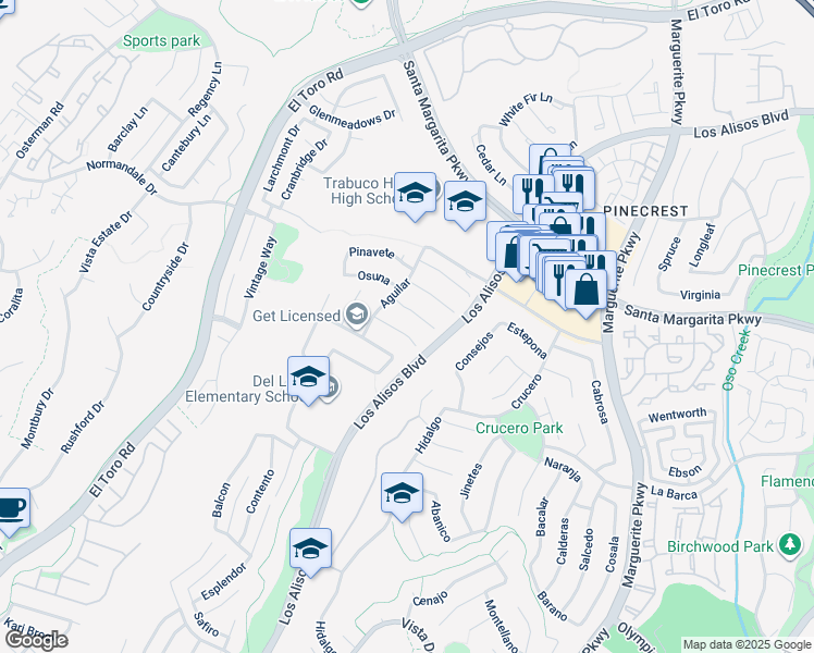 map of restaurants, bars, coffee shops, grocery stores, and more near 27431 La Cabra in Mission Viejo