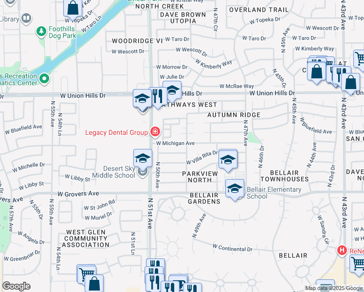 map of restaurants, bars, coffee shops, grocery stores, and more near 4920 West Michigan Avenue in Glendale
