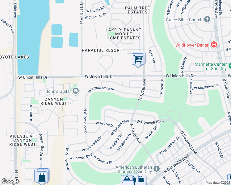 map of restaurants, bars, coffee shops, grocery stores, and more near 10829 West Willowbrook Drive in Sun City