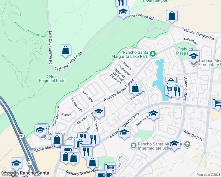 map of restaurants, bars, coffee shops, grocery stores, and more near 2 Firethorn in Rancho Santa Margarita