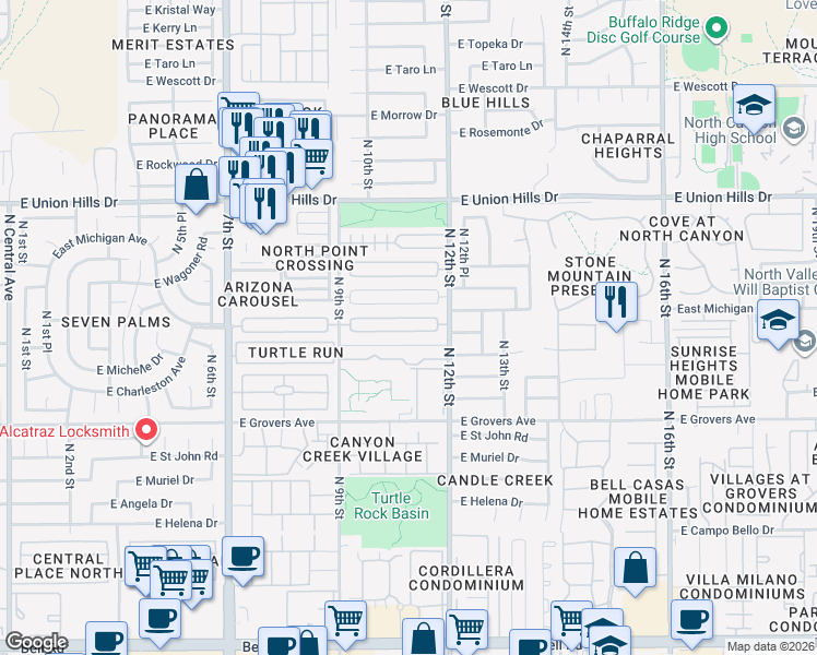 map of restaurants, bars, coffee shops, grocery stores, and more near 1018 East Villa Rita Drive in Phoenix