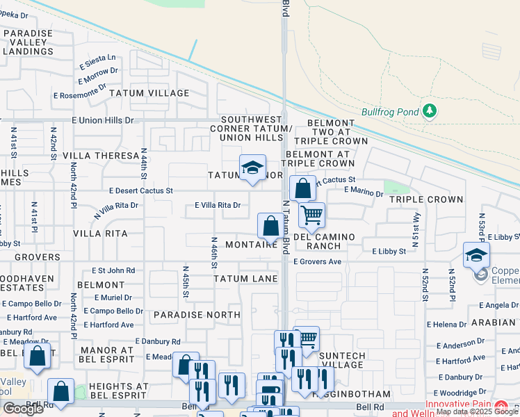 map of restaurants, bars, coffee shops, grocery stores, and more near 4707 East Robert E Lee Street in Paradise Valley