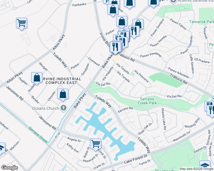 map of restaurants, bars, coffee shops, grocery stores, and more near 21452 Calle De Oro in Lake Forest