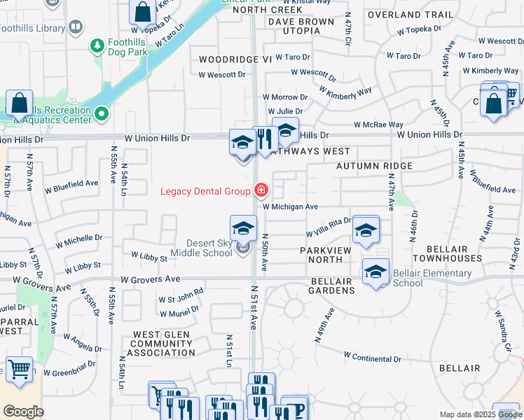 map of restaurants, bars, coffee shops, grocery stores, and more near 18054 North 50th Avenue in Glendale