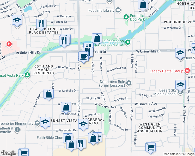 map of restaurants, bars, coffee shops, grocery stores, and more near 5734 West Villa Maria Drive in Glendale