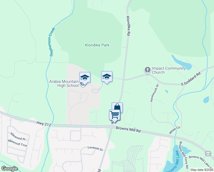 map of restaurants, bars, coffee shops, grocery stores, and more near 6775 South Goddard Road in Stonecrest