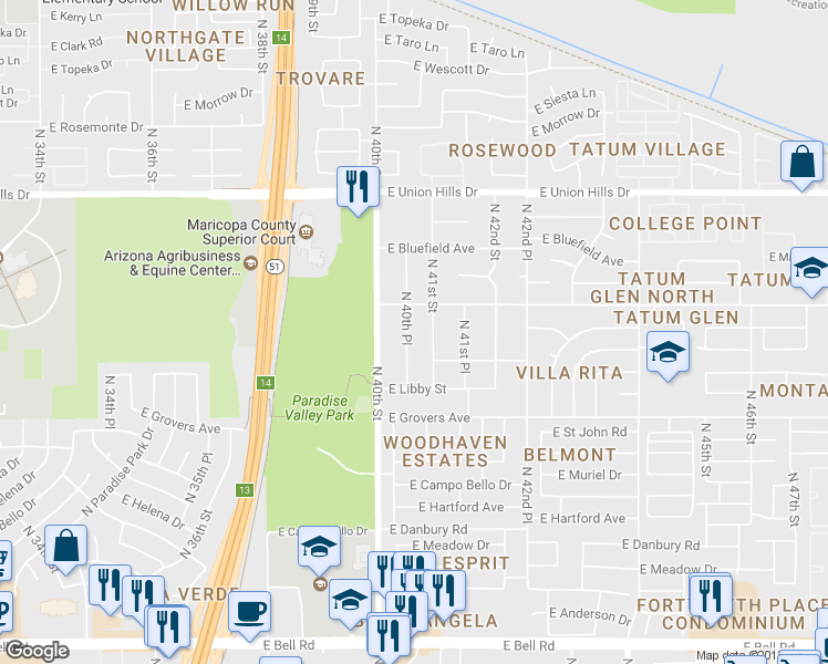 map of restaurants, bars, coffee shops, grocery stores, and more near 18026 North 41st Street in Phoenix