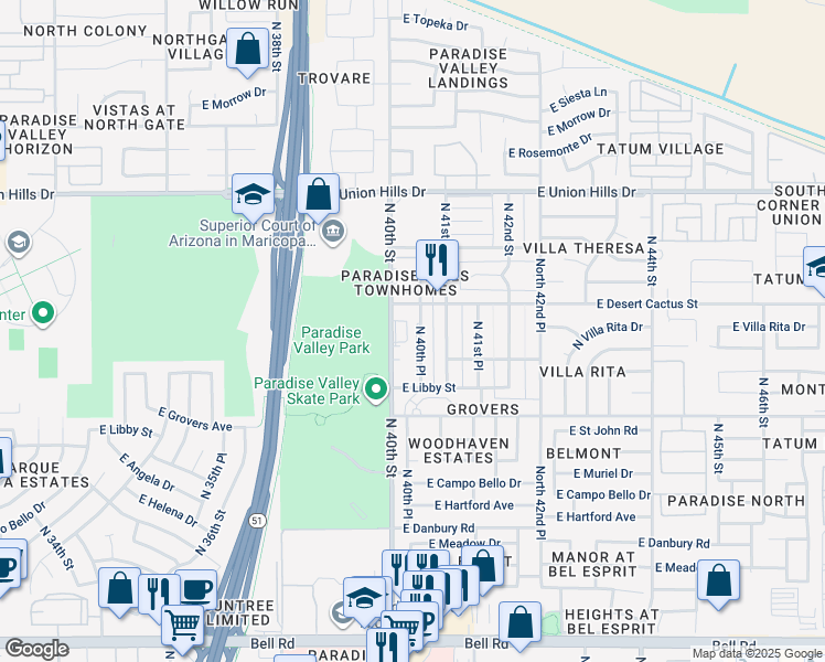 map of restaurants, bars, coffee shops, grocery stores, and more near 18009 North 40th Street in Phoenix
