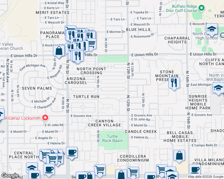 map of restaurants, bars, coffee shops, grocery stores, and more near 1018 East Villa Rita Drive in Phoenix