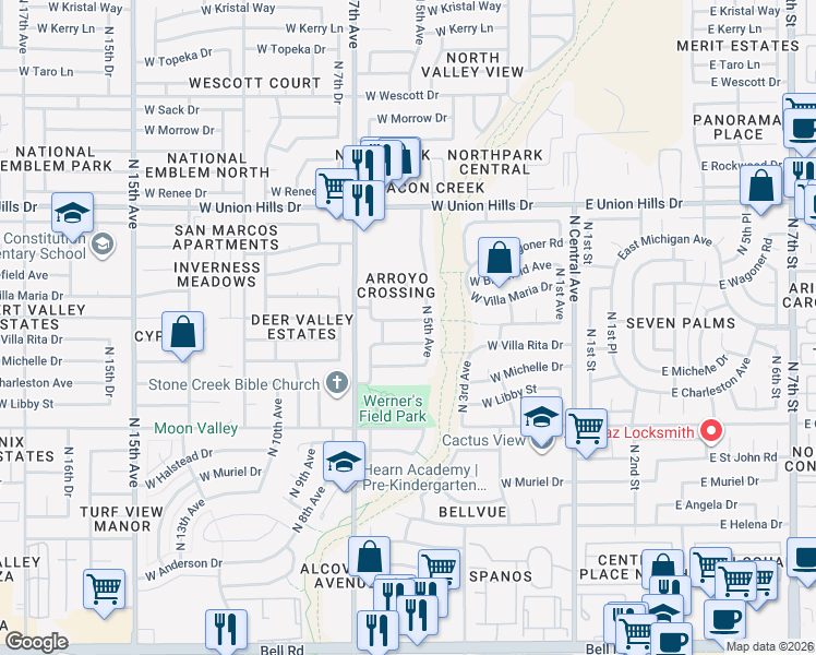 map of restaurants, bars, coffee shops, grocery stores, and more near 18059 North 5th Avenue in Phoenix