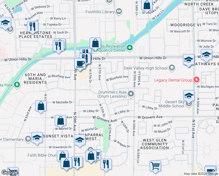 map of restaurants, bars, coffee shops, grocery stores, and more near 18222 North 56th Lane in Glendale