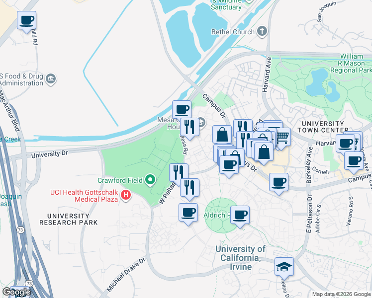 map of restaurants, bars, coffee shops, grocery stores, and more near 4002 Mesa Road in Irvine