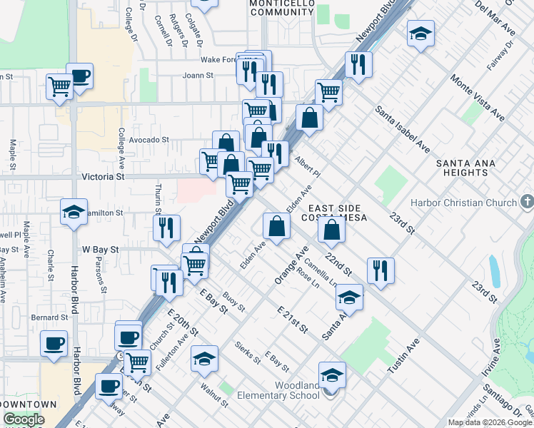 map of restaurants, bars, coffee shops, grocery stores, and more near 2197 Rural Place in Costa Mesa