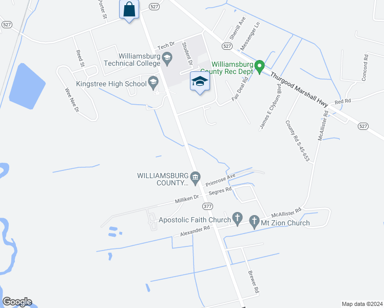 map of restaurants, bars, coffee shops, grocery stores, and more near 2045B Martin Luther King Junior Highway in Kingstree
