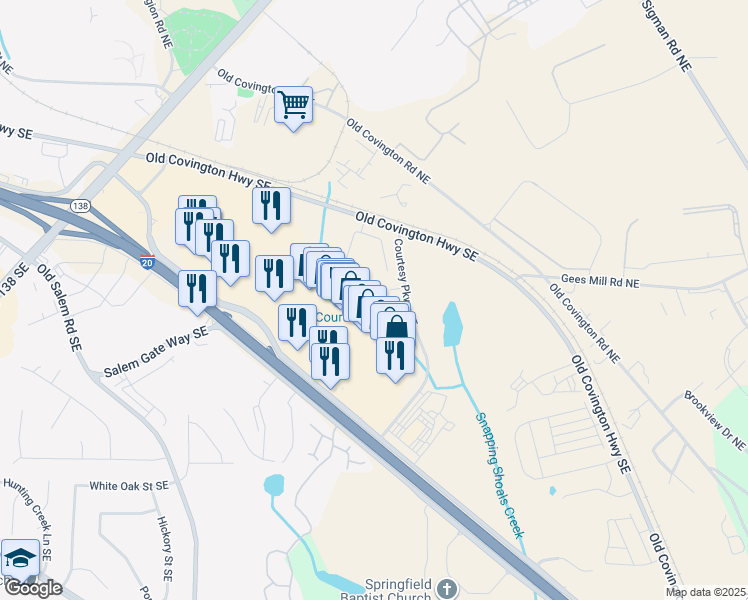 map of restaurants, bars, coffee shops, grocery stores, and more near 1540 Dogwood Drive Southeast in Conyers