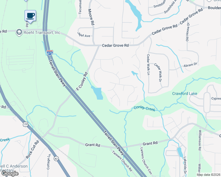 map of restaurants, bars, coffee shops, grocery stores, and more near 1764 Lake Edge Circle in Conley