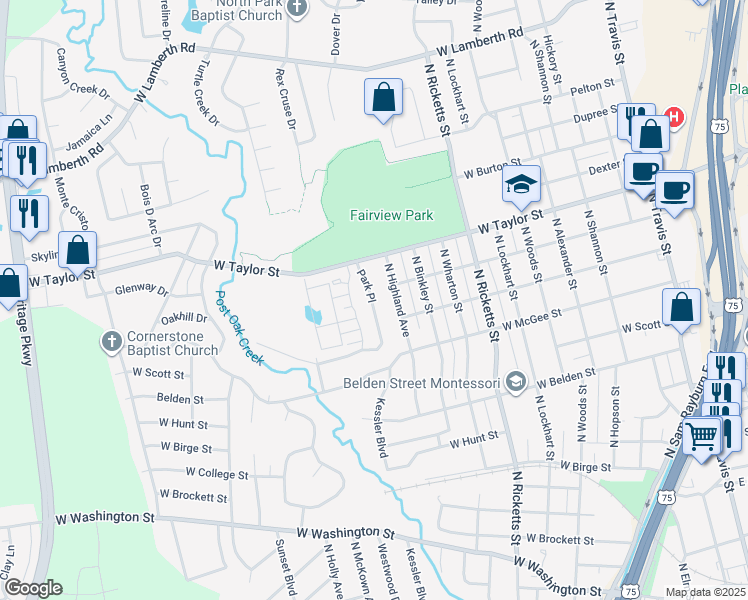 map of restaurants, bars, coffee shops, grocery stores, and more near 1807 Park Place in Sherman