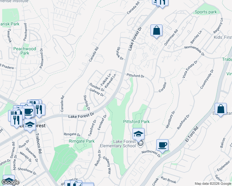 map of restaurants, bars, coffee shops, grocery stores, and more near 26146 Connemara Court in Lake Forest