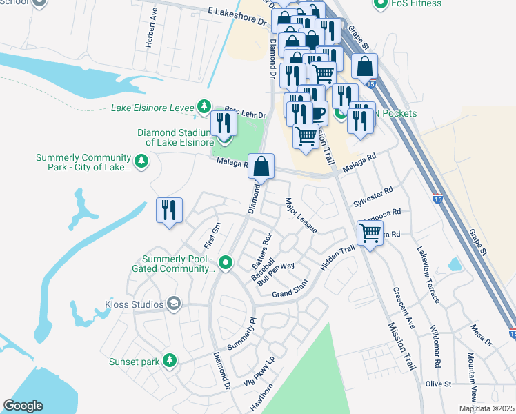 map of restaurants, bars, coffee shops, grocery stores, and more near 29344 Tournament in Lake Elsinore