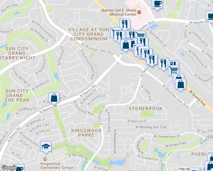 map of restaurants, bars, coffee shops, grocery stores, and more near 14705 West Carlin Drive in Surprise