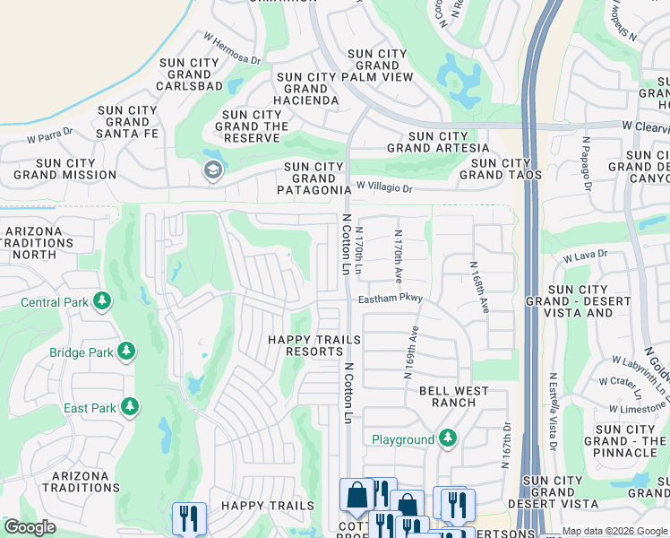 map of restaurants, bars, coffee shops, grocery stores, and more near 18201-18399 North Pat Brady in Surprise