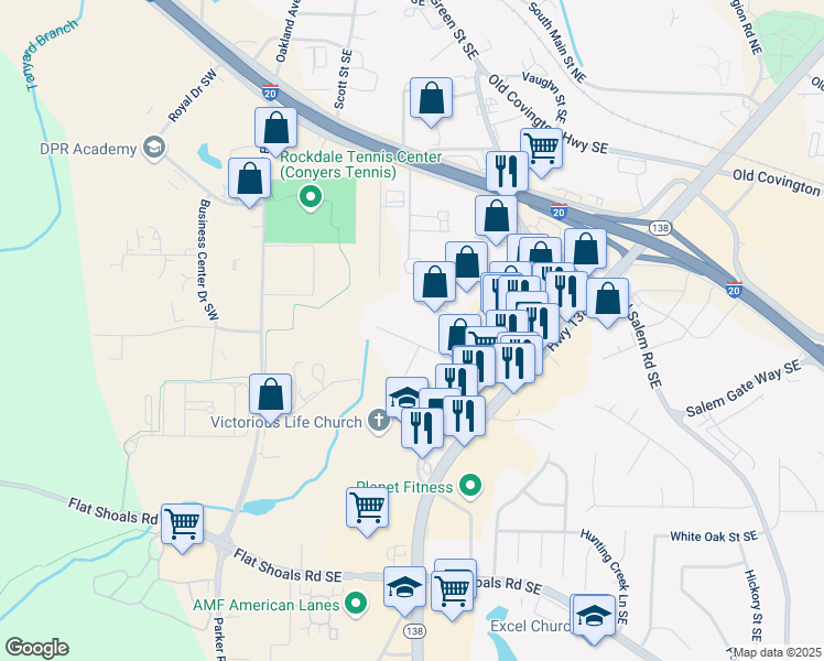 map of restaurants, bars, coffee shops, grocery stores, and more near 972 Remington Drive Southeast in Conyers
