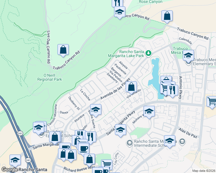 map of restaurants, bars, coffee shops, grocery stores, and more near 2 Firethorn in Rancho Santa Margarita