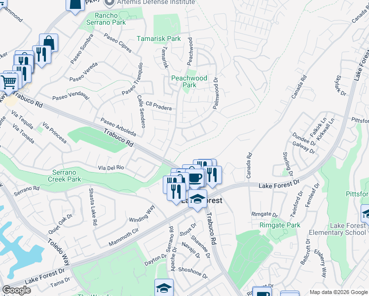 map of restaurants, bars, coffee shops, grocery stores, and more near 25326 Elderwood in Lake Forest