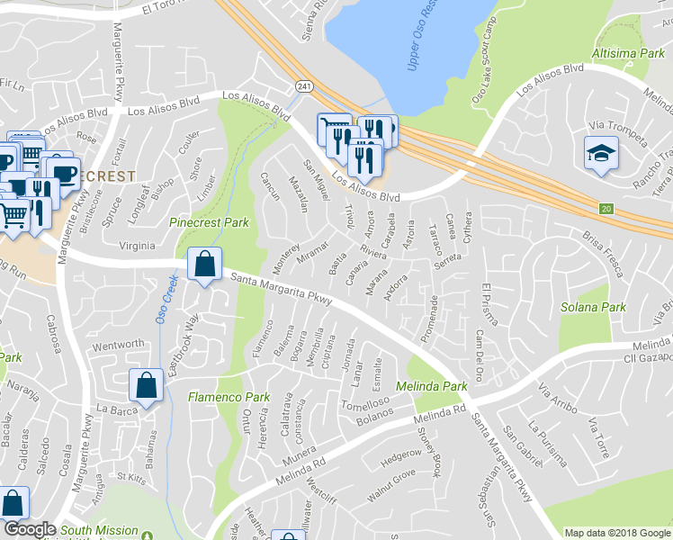 map of restaurants, bars, coffee shops, grocery stores, and more near 21472 Bastia in Mission Viejo