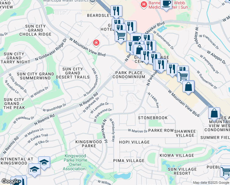 map of restaurants, bars, coffee shops, grocery stores, and more near 18303 North 147th Drive in Surprise